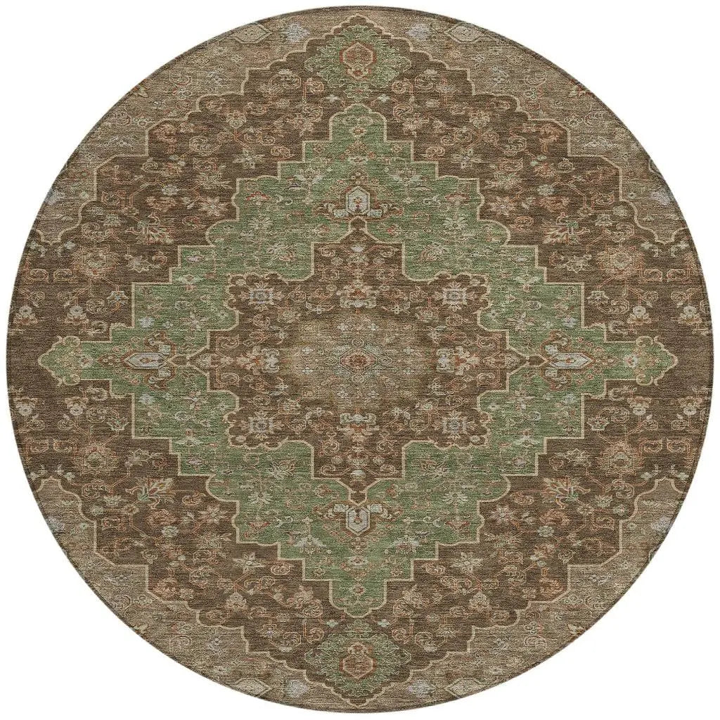 8' Chocolate And Olive Green Round Medallion Washable Indoor Outdoor Area Rug Homeroots Outdoor