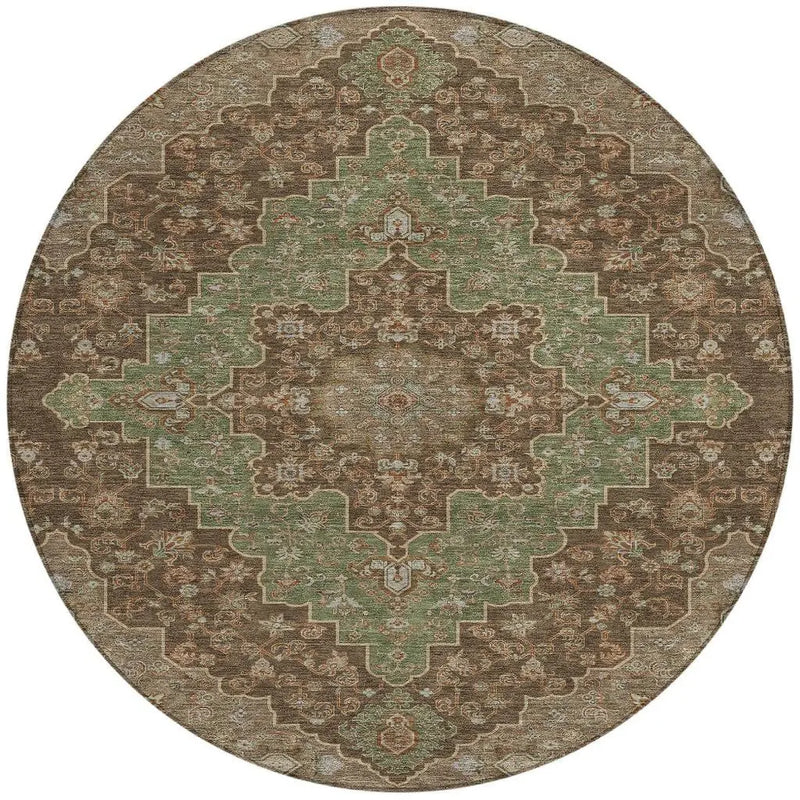 8' Chocolate And Olive Green Round Medallion Washable Indoor Outdoor Area Rug Homeroots Outdoor