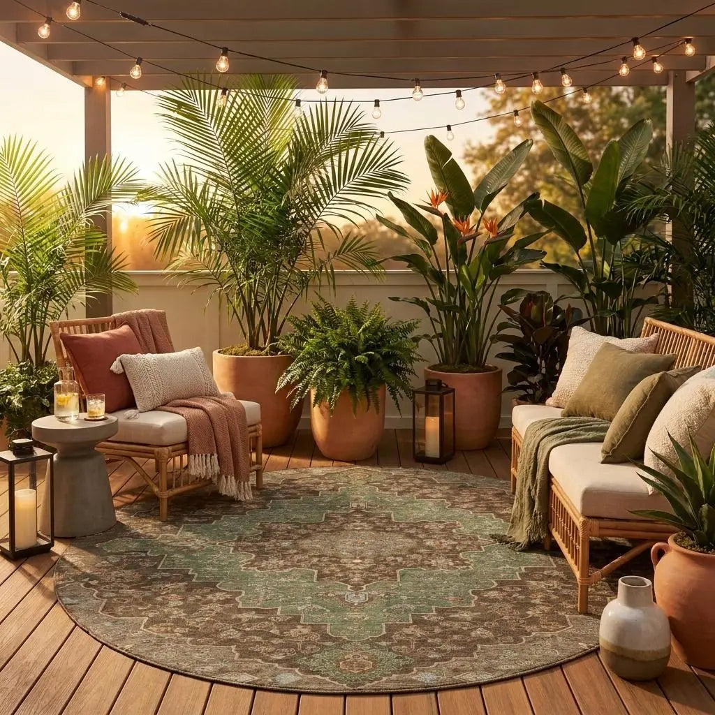 8' Chocolate And Olive Green Round Medallion Washable Indoor Outdoor Area Rug Homeroots Outdoor