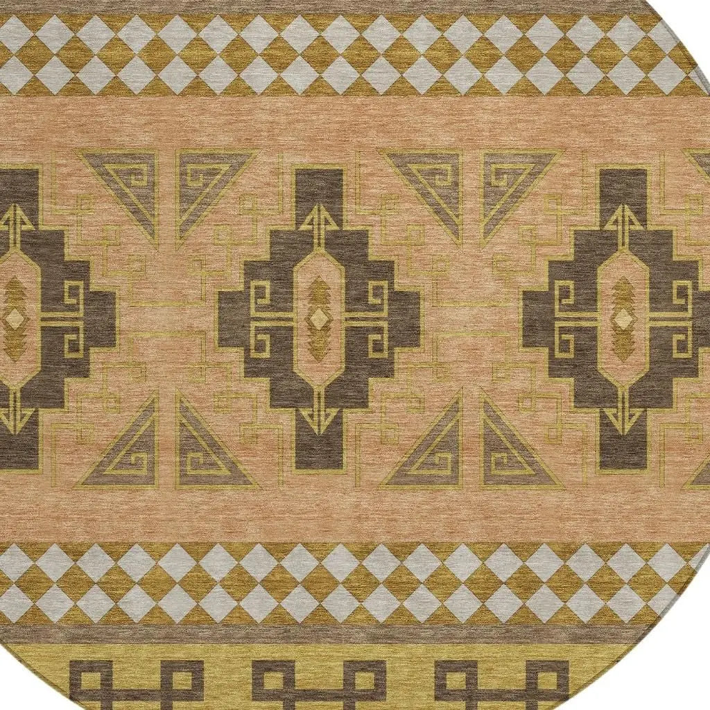 8' Chocolate And Olive Green Round Tribal Washable Indoor Outdoor Area Rug Homeroots Outdoor