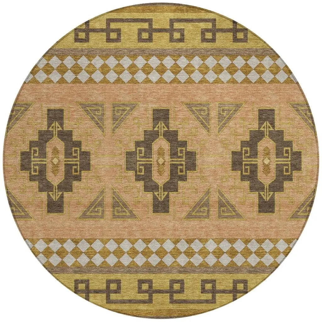 8' Chocolate And Olive Green Round Tribal Washable Indoor Outdoor Area Rug Homeroots Outdoor