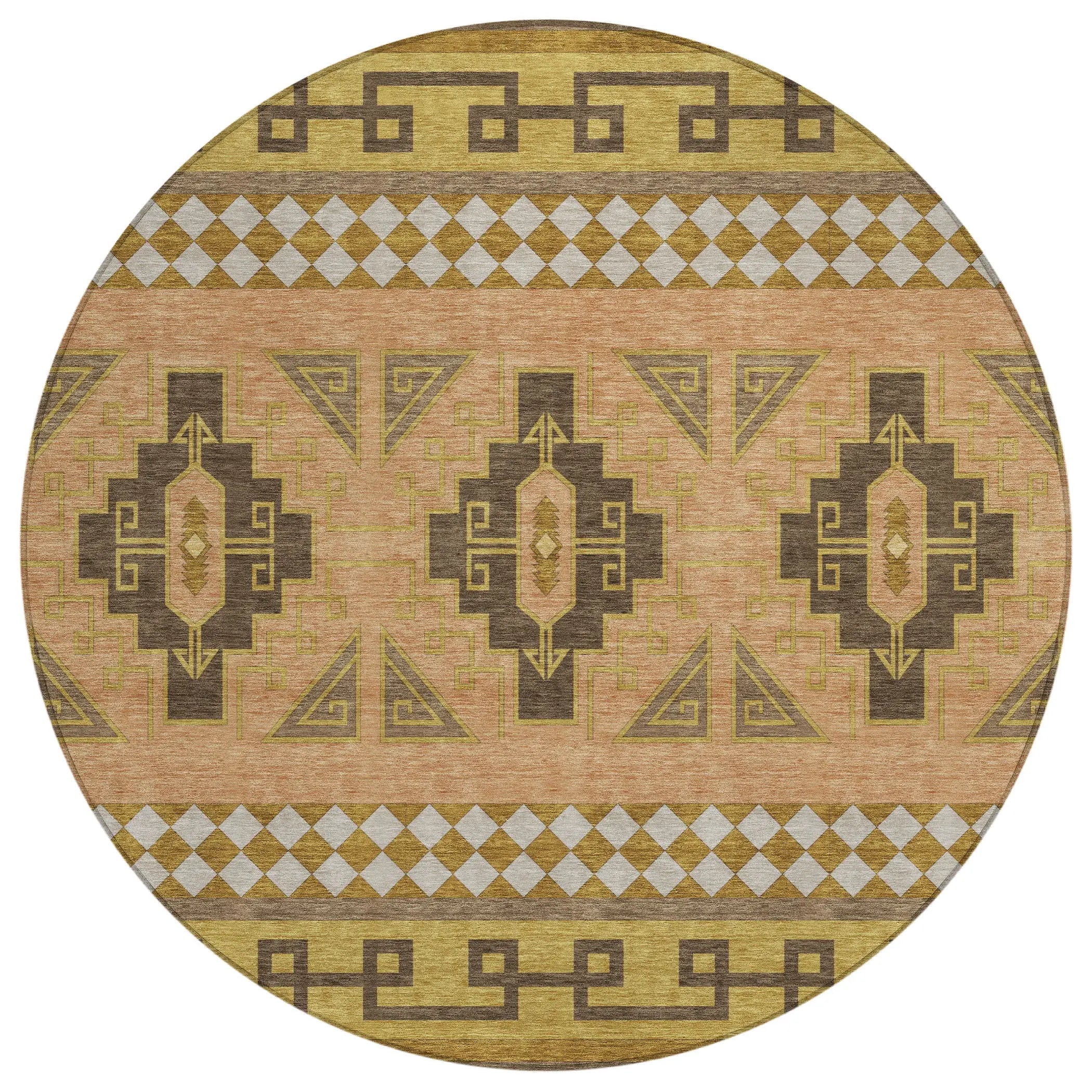 8' Chocolate And Olive Green Round Tribal Washable Indoor Outdoor Area Rug Homeroots Outdoor