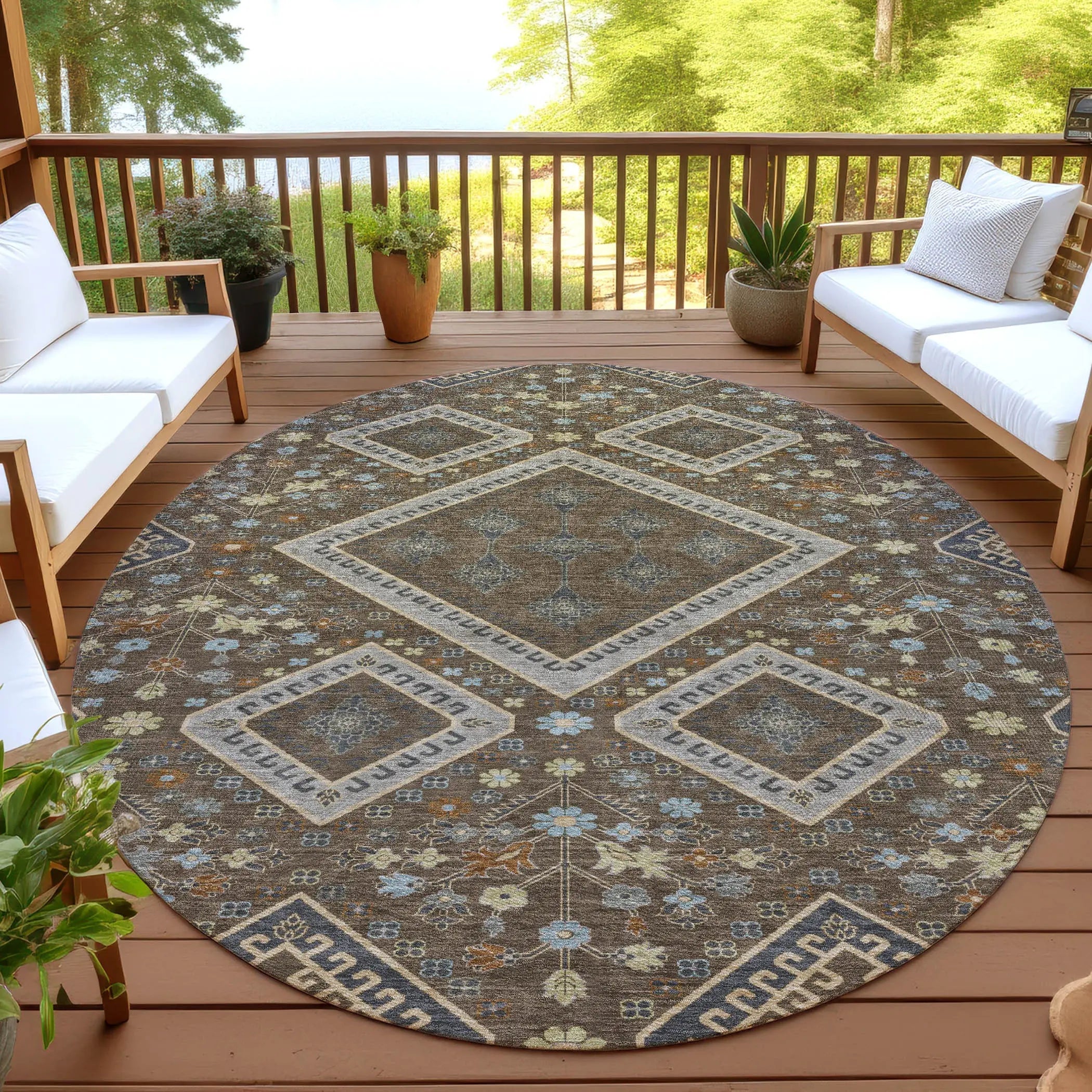 8' Chocolate And Orange Round Medallion Washable Indoor Outdoor Area Rug Homeroots Outdoor