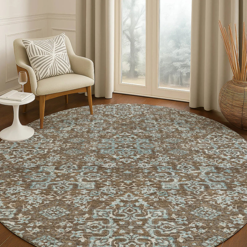 8' Chocolate And Pearl Round Oriental Washable Indoor Outdoor Area Rug Homeroots Outdoor