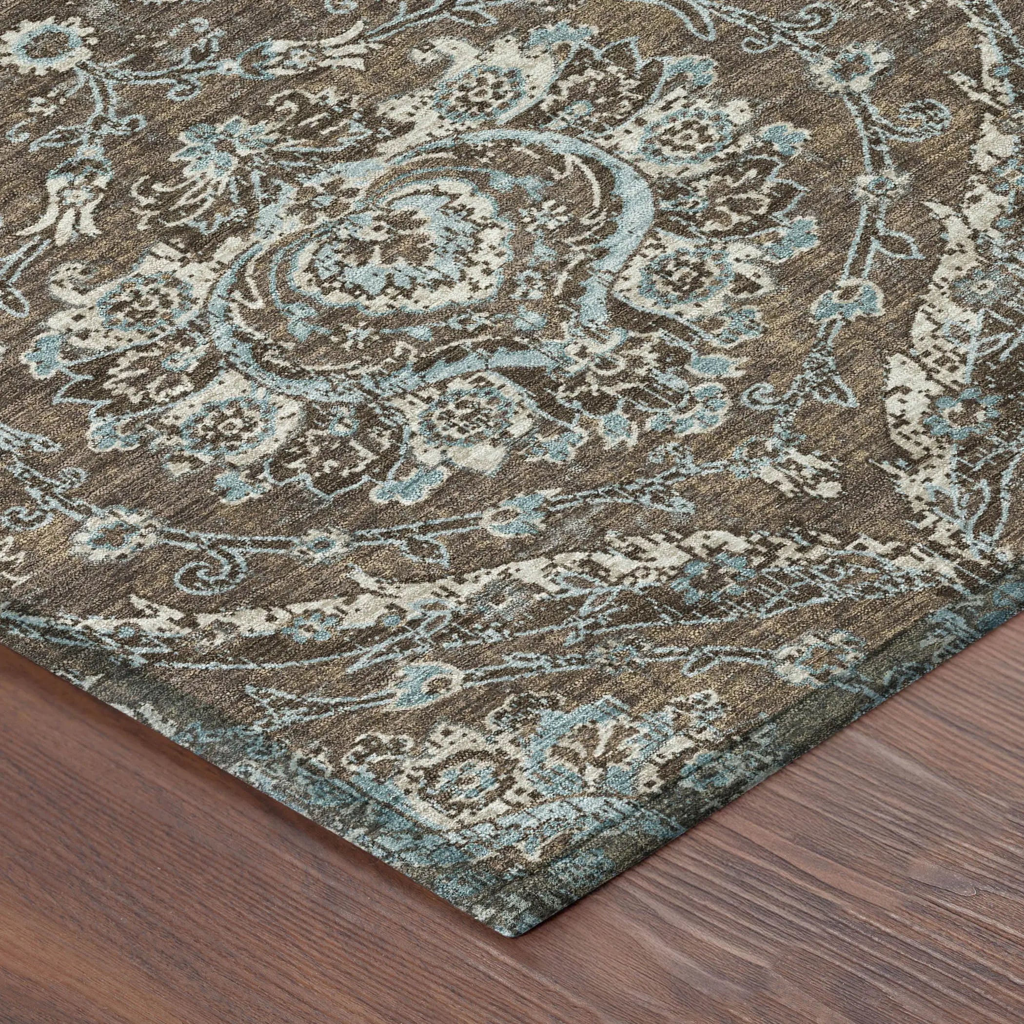 8' Chocolate And Silver Round Floral Washable Indoor Outdoor Area Rug Homeroots Outdoor