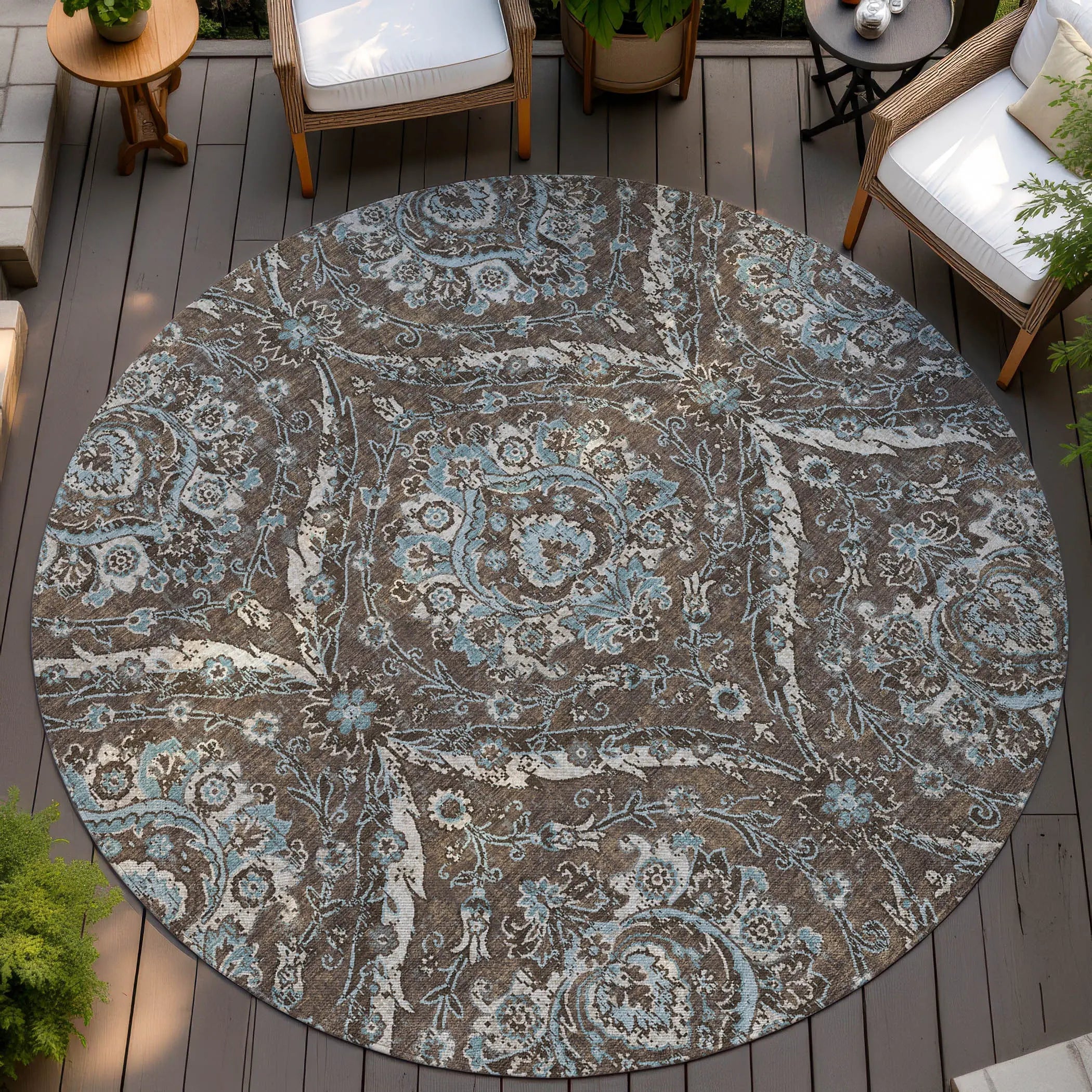 8' Chocolate And Silver Round Floral Washable Indoor Outdoor Area Rug Homeroots Outdoor