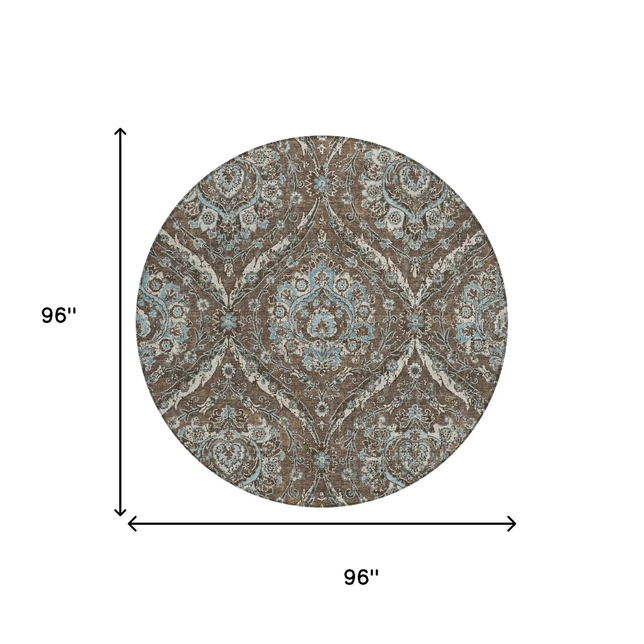 8' Chocolate And Silver Round Floral Washable Indoor Outdoor Area Rug Homeroots Outdoor