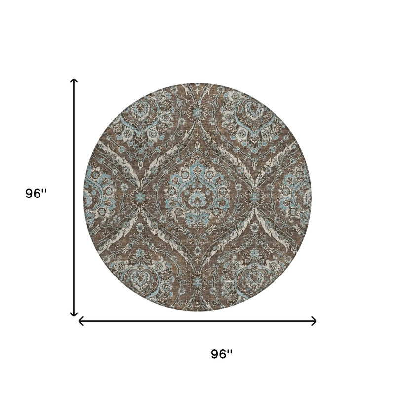 8' Chocolate And Silver Round Floral Washable Indoor Outdoor Area Rug Homeroots Outdoor