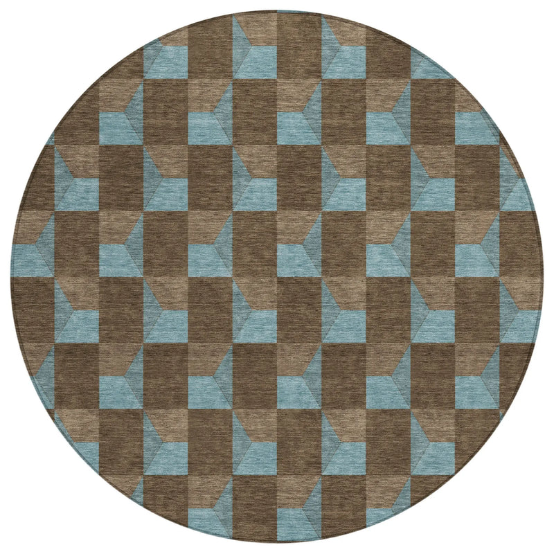 8' Chocolate And Silver Round Geometric Washable Indoor Outdoor Area Rug Homeroots Outdoor