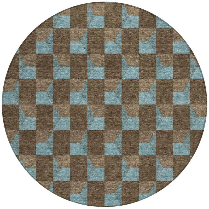 8' Chocolate And Silver Round Geometric Washable Indoor Outdoor Area Rug Homeroots Outdoor