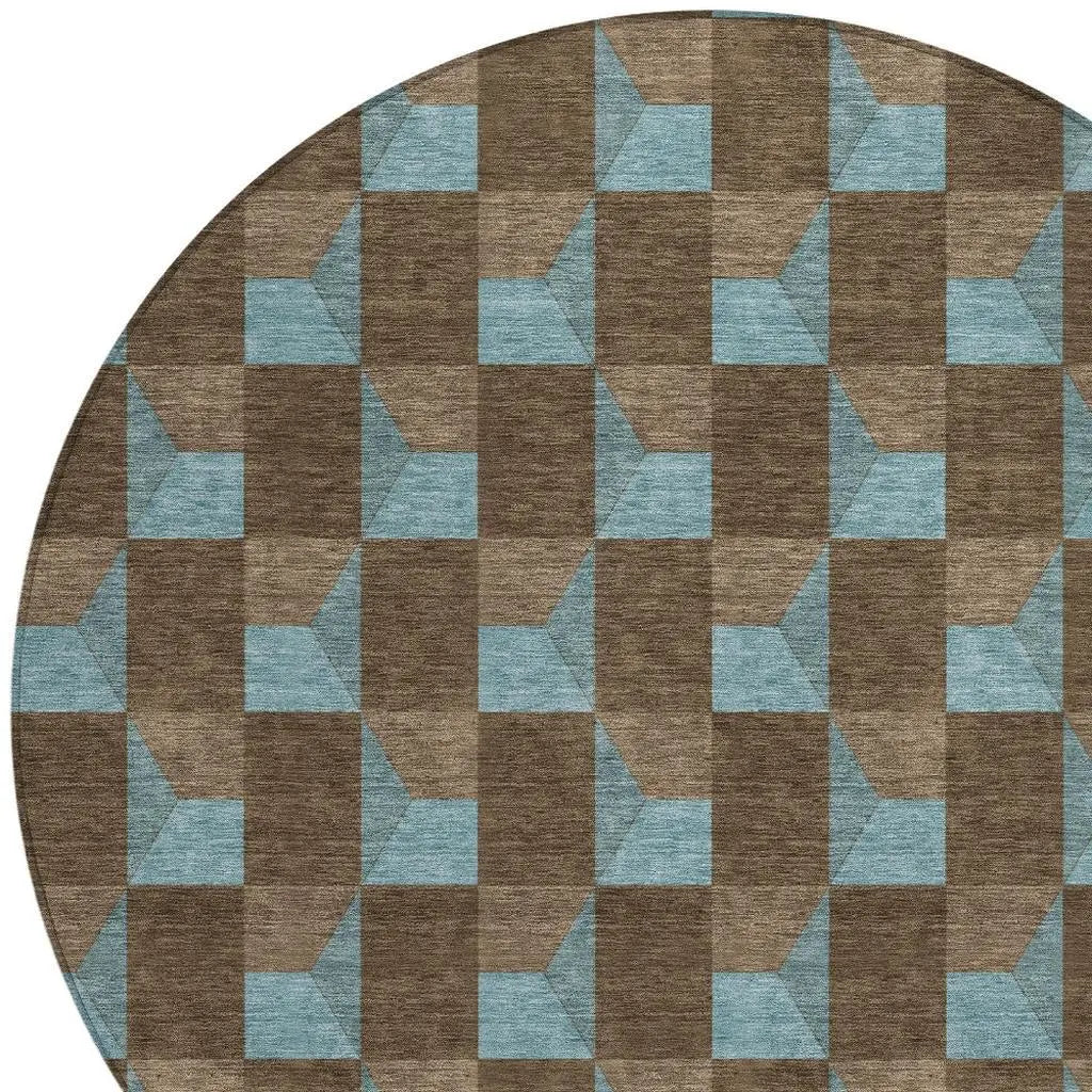 8' Chocolate And Silver Round Geometric Washable Indoor Outdoor Area Rug Homeroots Outdoor