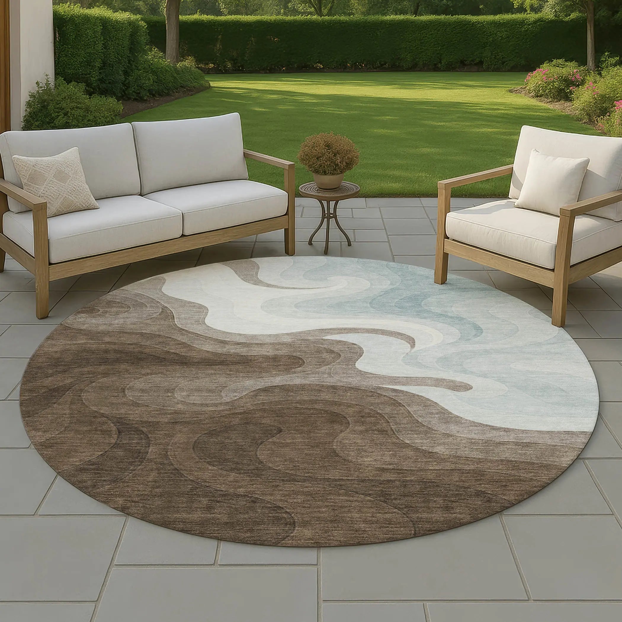 8' Chocolate And Sky Blue Round Abstract Washable Indoor Outdoor Area Rug Homeroots Outdoor