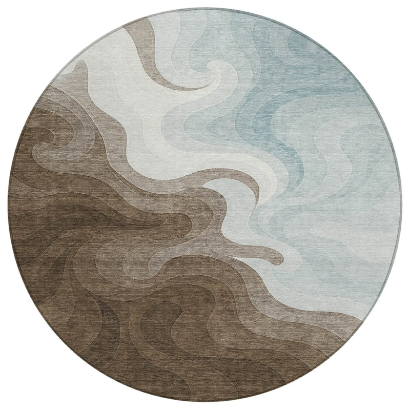 8' Chocolate And Sky Blue Round Abstract Washable Indoor Outdoor Area Rug Homeroots Outdoor