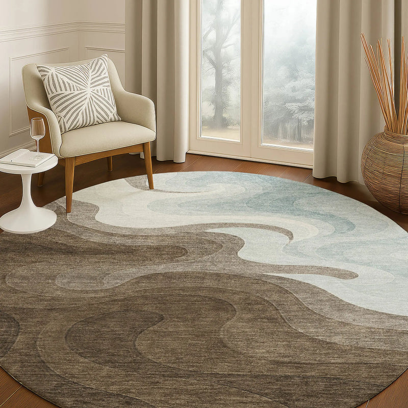 8' Chocolate And Sky Blue Round Abstract Washable Indoor Outdoor Area Rug Homeroots Outdoor