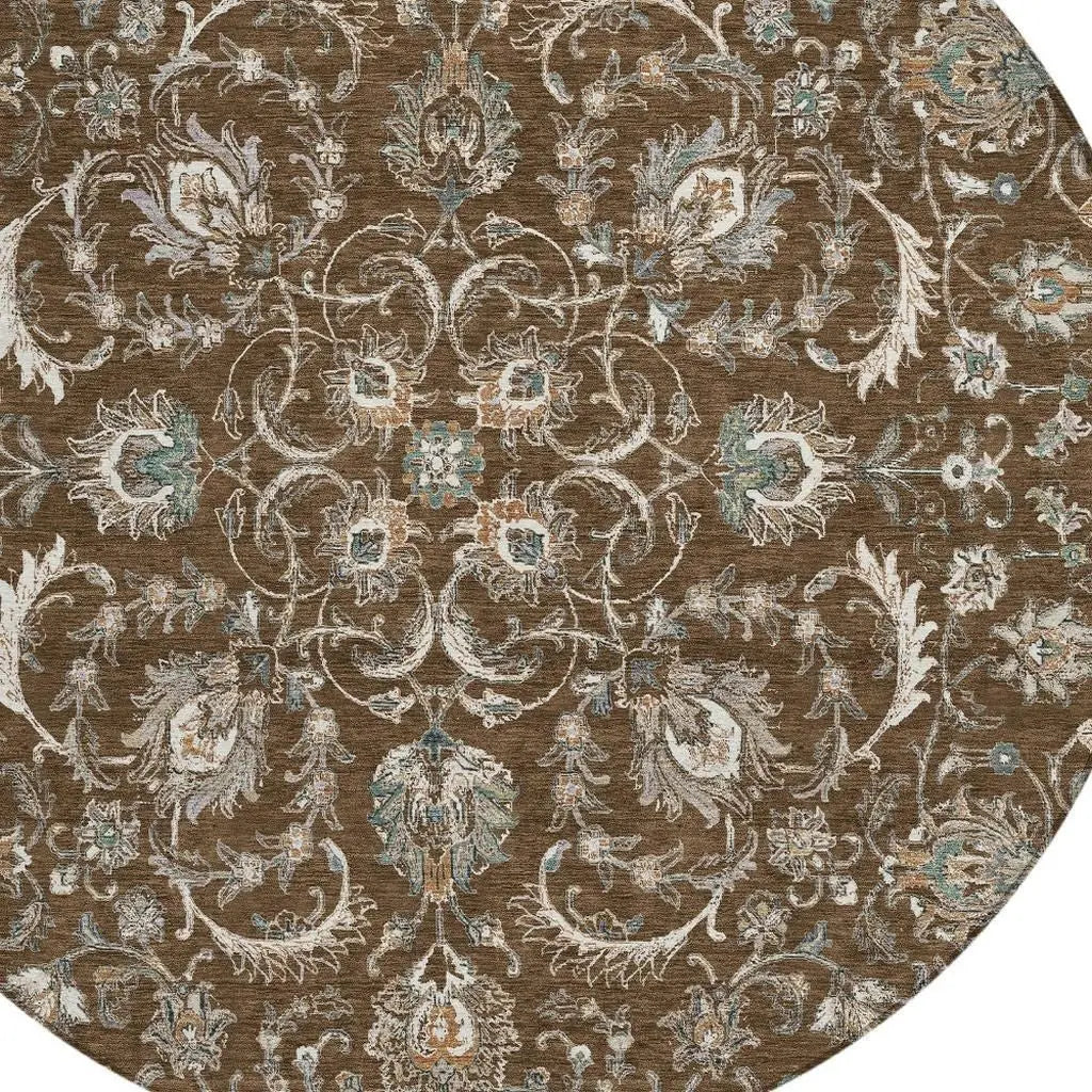 8' Chocolate And Taupe Round Botanical Leaves Washable Indoor Outdoor Area Rug Homeroots Outdoor