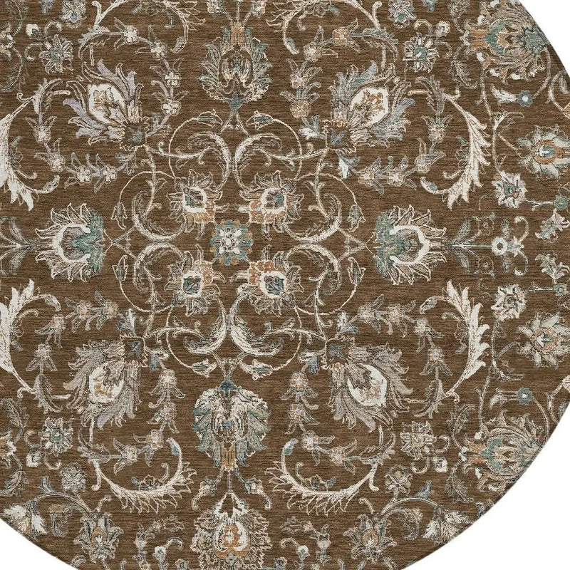 8' Chocolate And Taupe Round Botanical Leaves Washable Indoor Outdoor Area Rug Homeroots Outdoor