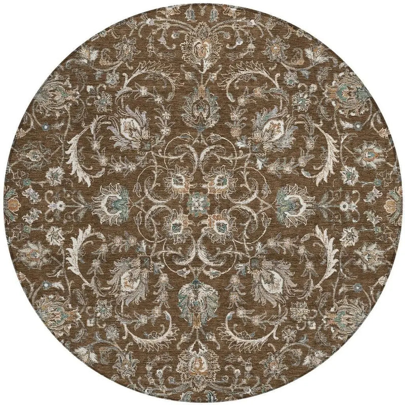 8' Chocolate And Taupe Round Botanical Leaves Washable Indoor Outdoor Area Rug Homeroots Outdoor