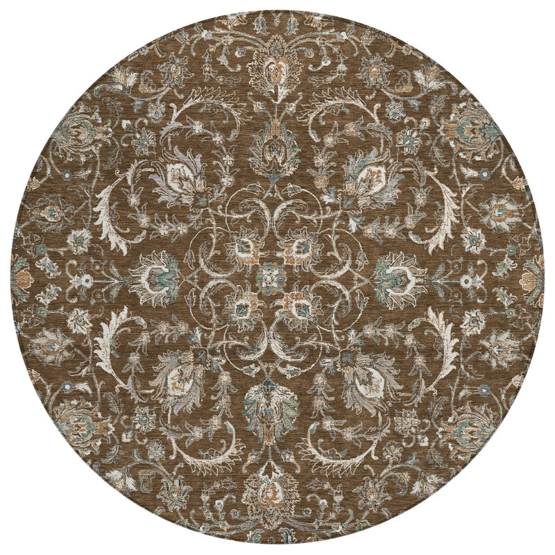 8' Chocolate And Taupe Round Botanical Leaves Washable Indoor Outdoor Area Rug Homeroots Outdoor