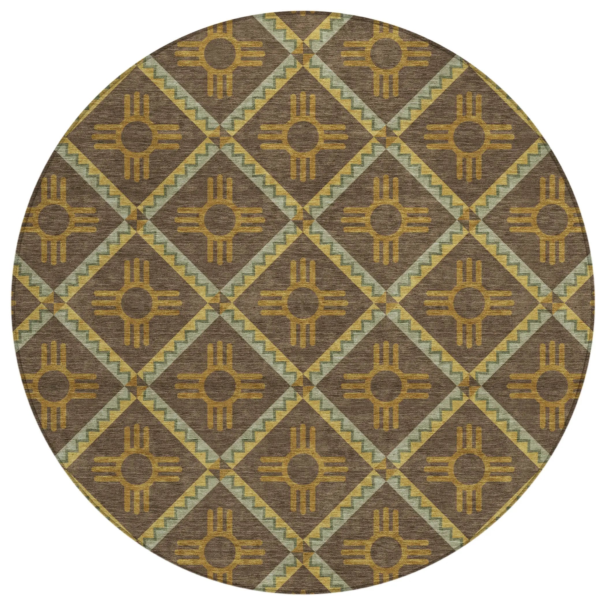 8' Chocolate And Taupe Round Geometric Washable Indoor Outdoor Area Rug Homeroots Outdoor