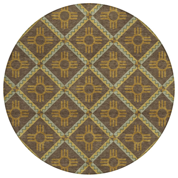 8' Chocolate And Taupe Round Geometric Washable Indoor Outdoor Area Rug Homeroots Outdoor
