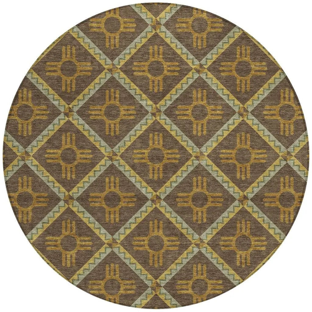 8' Chocolate And Taupe Round Geometric Washable Indoor Outdoor Area Rug Homeroots Outdoor