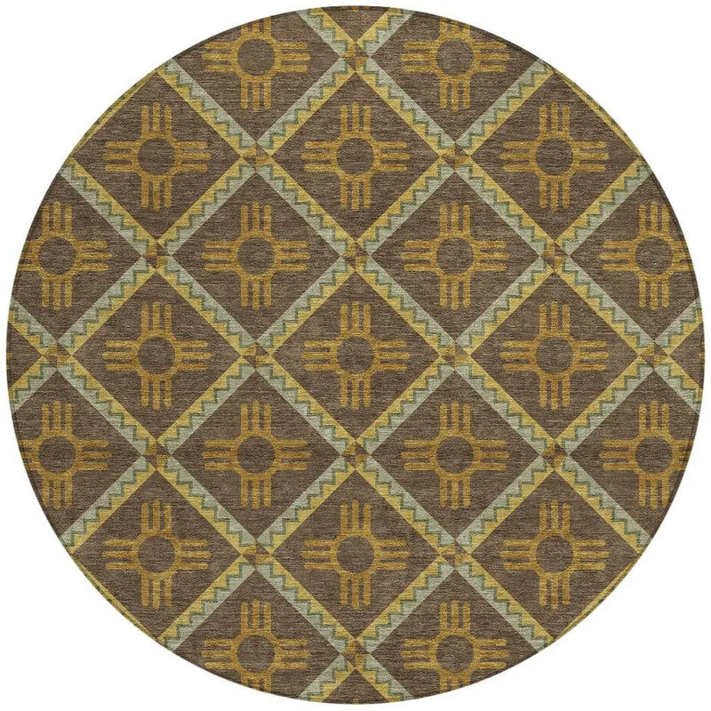 8' Chocolate And Taupe Round Geometric Washable Indoor Outdoor Area Rug Homeroots Outdoor