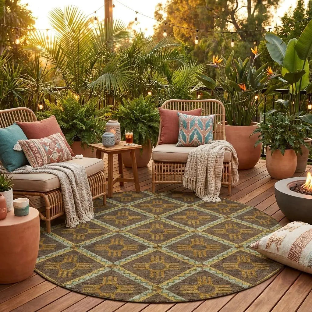 8' Chocolate And Taupe Round Geometric Washable Indoor Outdoor Area Rug Homeroots Outdoor