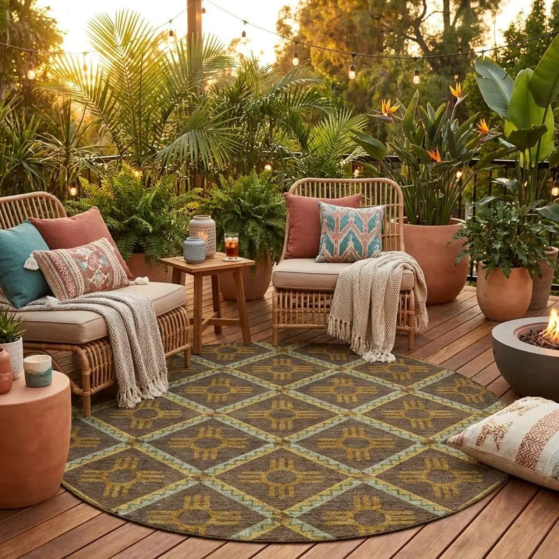 8' Chocolate And Taupe Round Geometric Washable Indoor Outdoor Area Rug Homeroots Outdoor