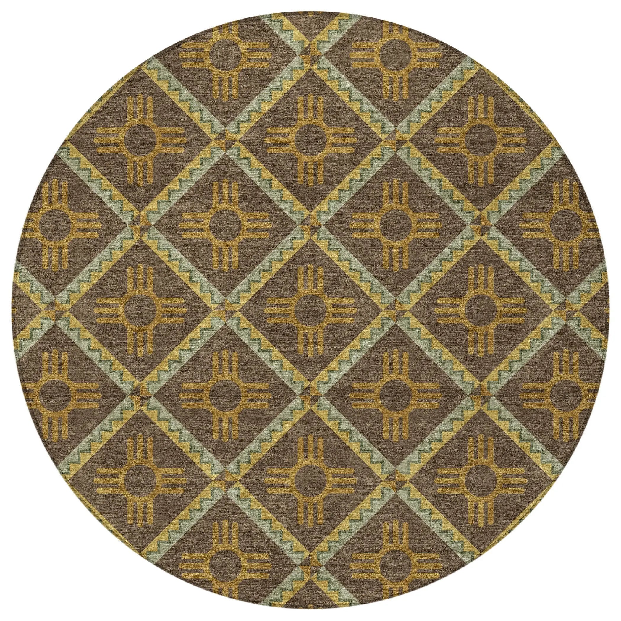 8' Chocolate And Taupe Round Geometric Washable Indoor Outdoor Area Rug Homeroots Outdoor