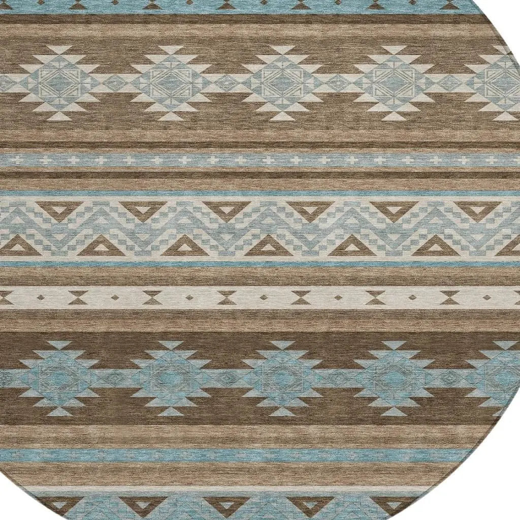 8' Chocolate And Teal Blue Round Southwestern Washable Indoor Outdoor Area Rug Homeroots Outdoor