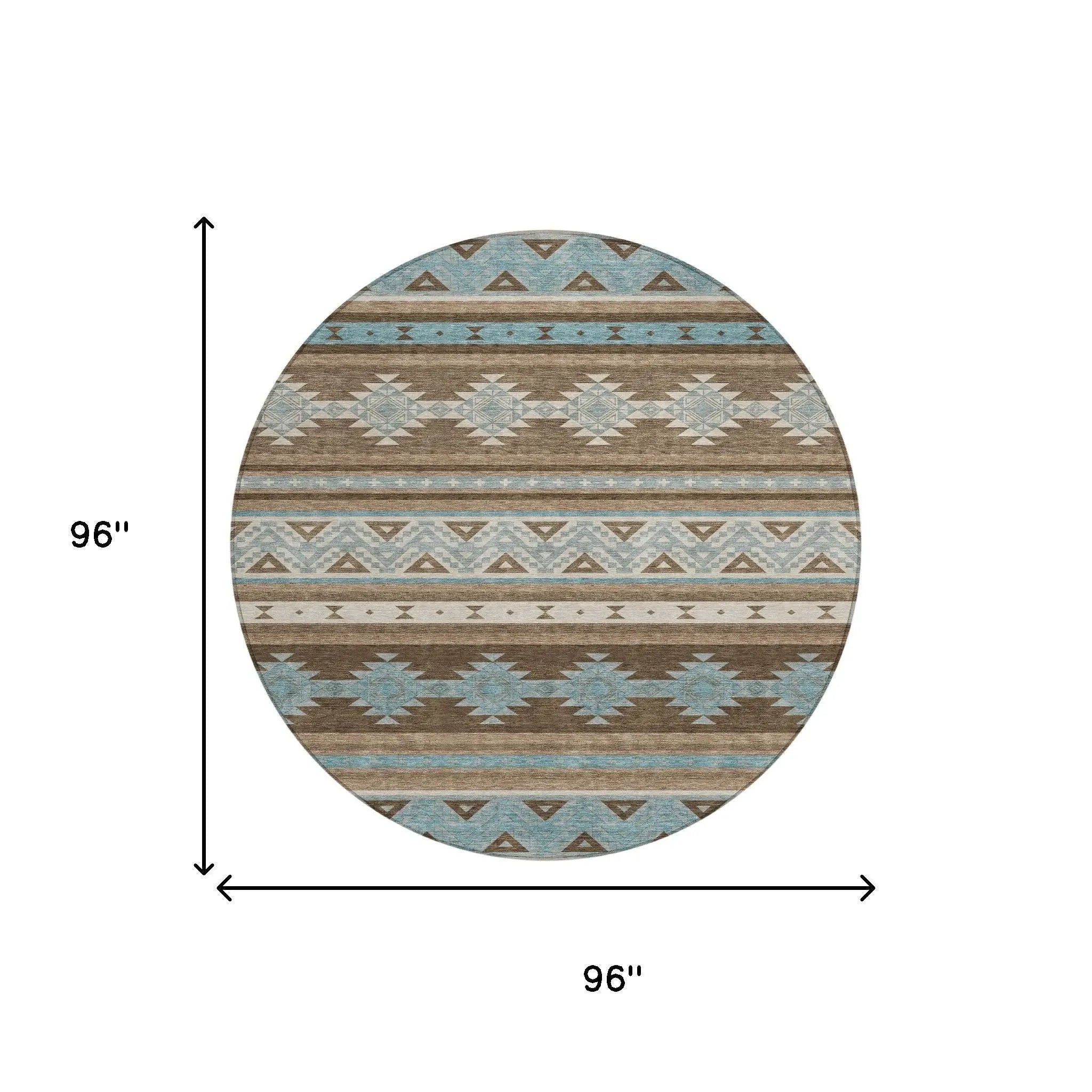 8' Chocolate And Teal Blue Round Southwestern Washable Indoor Outdoor Area Rug Homeroots Outdoor