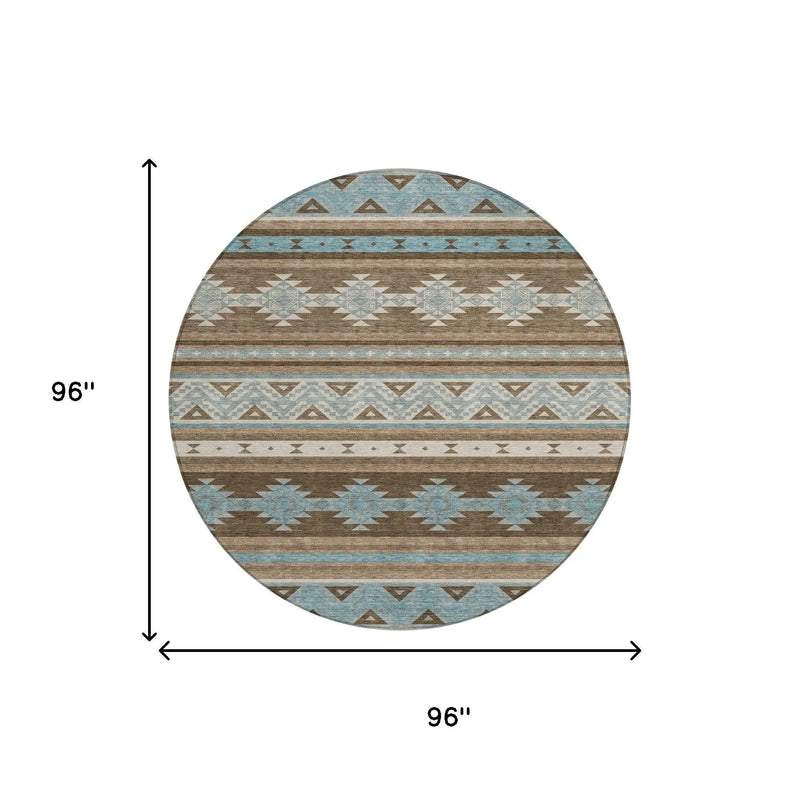 8' Chocolate And Teal Blue Round Southwestern Washable Indoor Outdoor Area Rug Homeroots Outdoor