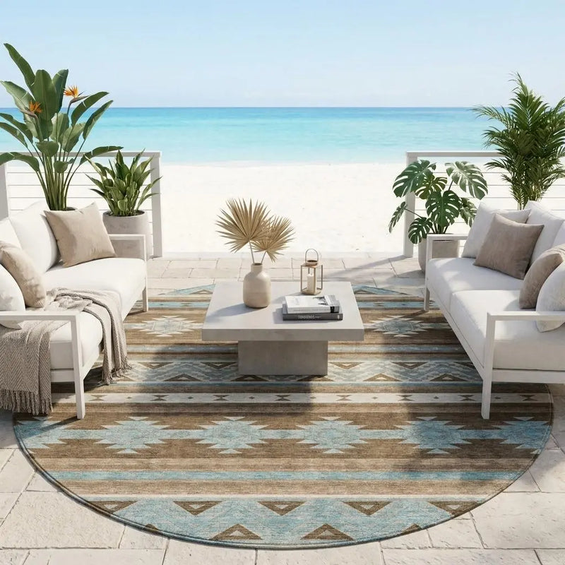 8' Chocolate And Teal Blue Round Southwestern Washable Indoor Outdoor Area Rug Homeroots Outdoor