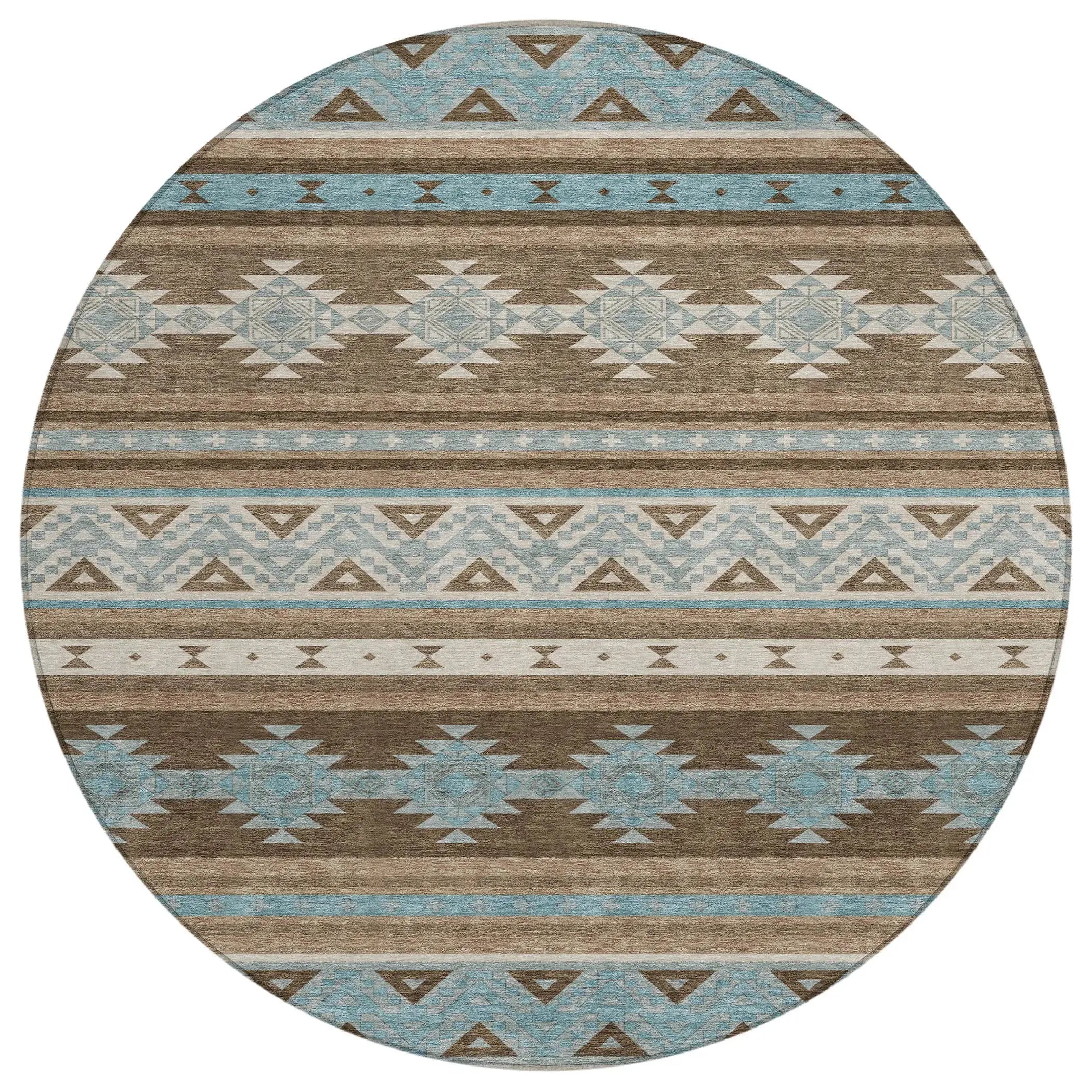 8' Chocolate And Teal Blue Round Southwestern Washable Indoor Outdoor Area Rug Homeroots Outdoor