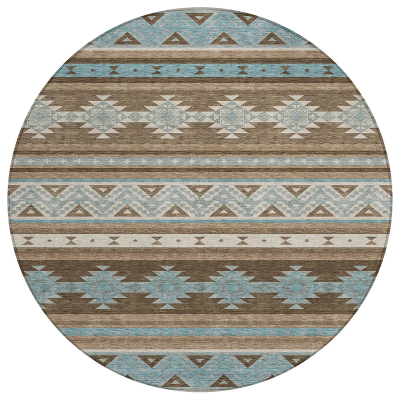 8' Chocolate And Teal Blue Round Southwestern Washable Indoor Outdoor Area Rug Homeroots Outdoor