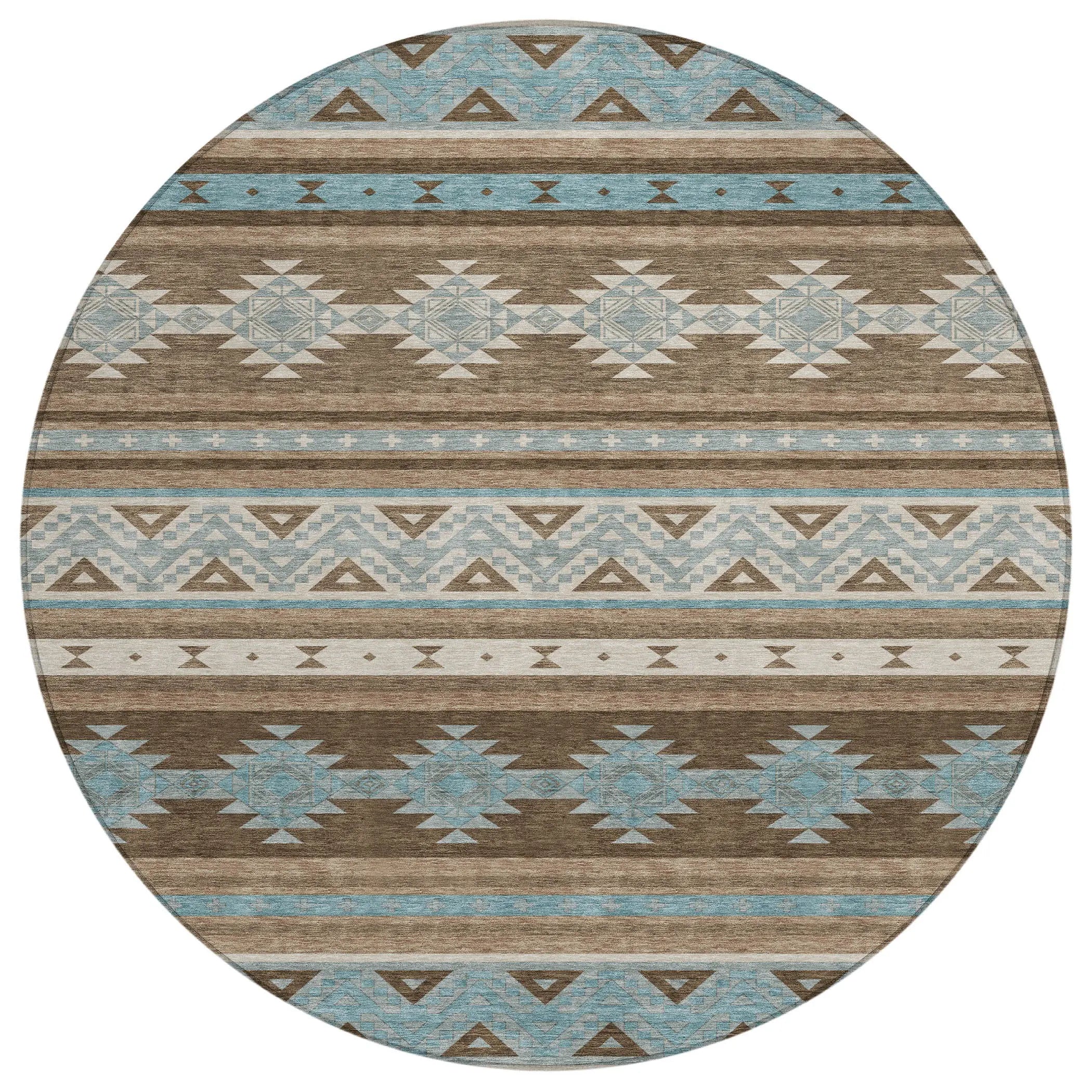 8' Chocolate And Teal Blue Round Southwestern Washable Indoor Outdoor Area Rug Homeroots Outdoor