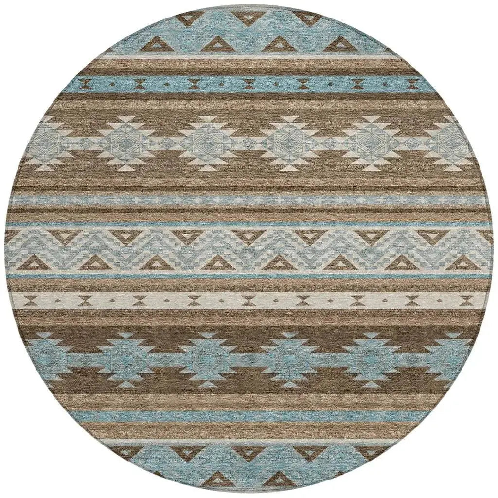 8' Chocolate And Teal Blue Round Southwestern Washable Indoor Outdoor Area Rug Homeroots Outdoor