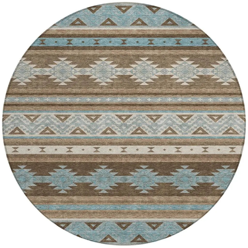 8' Chocolate And Teal Blue Round Southwestern Washable Indoor Outdoor Area Rug Homeroots Outdoor