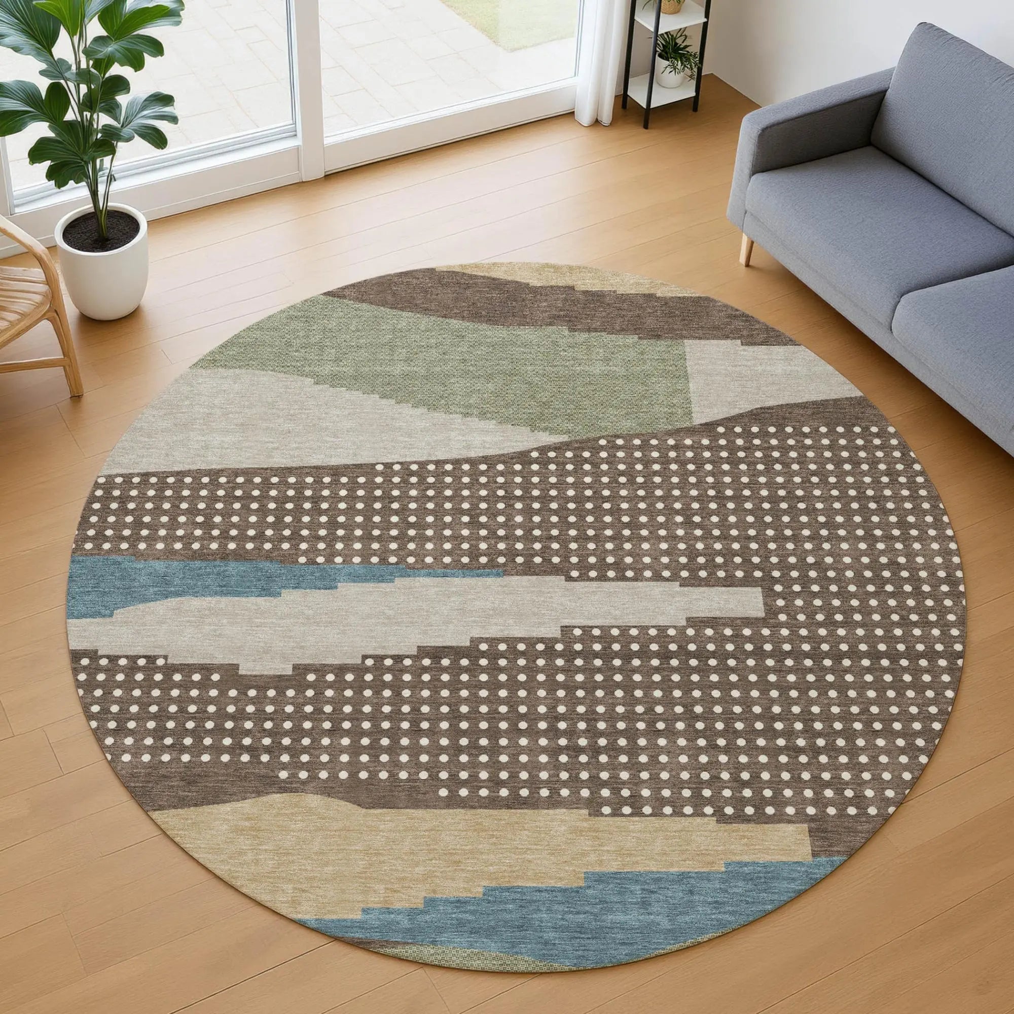 8' Coffee And Brown Round Abstract Washable Indoor Outdoor Area Rug Homeroots Outdoor