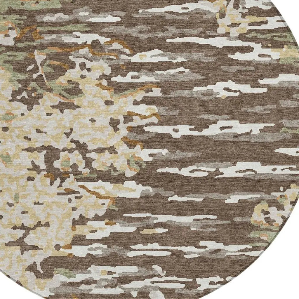 8' Coffee And Brown Round Abstract Washable Indoor Outdoor Area Rug Homeroots Outdoor
