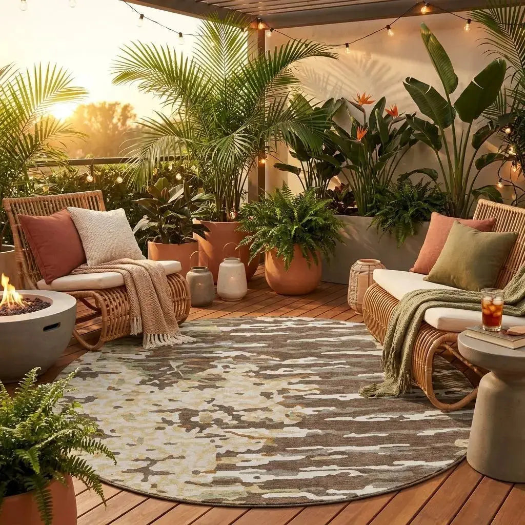 8' Coffee And Brown Round Abstract Washable Indoor Outdoor Area Rug Homeroots Outdoor