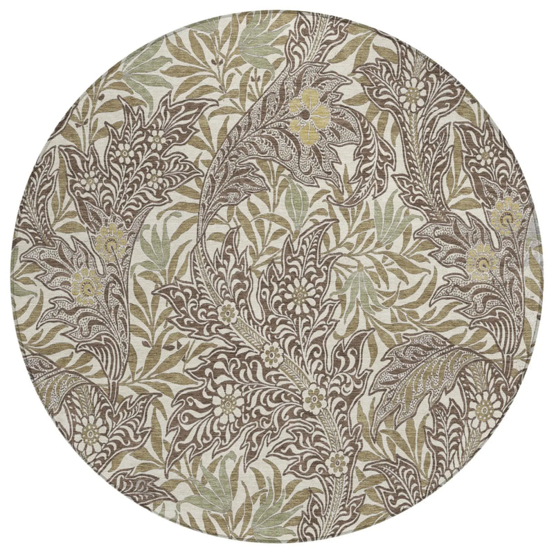8' Coffee And Brown Round Botanical Leaves Washable Indoor Outdoor Area Rug Homeroots Outdoor