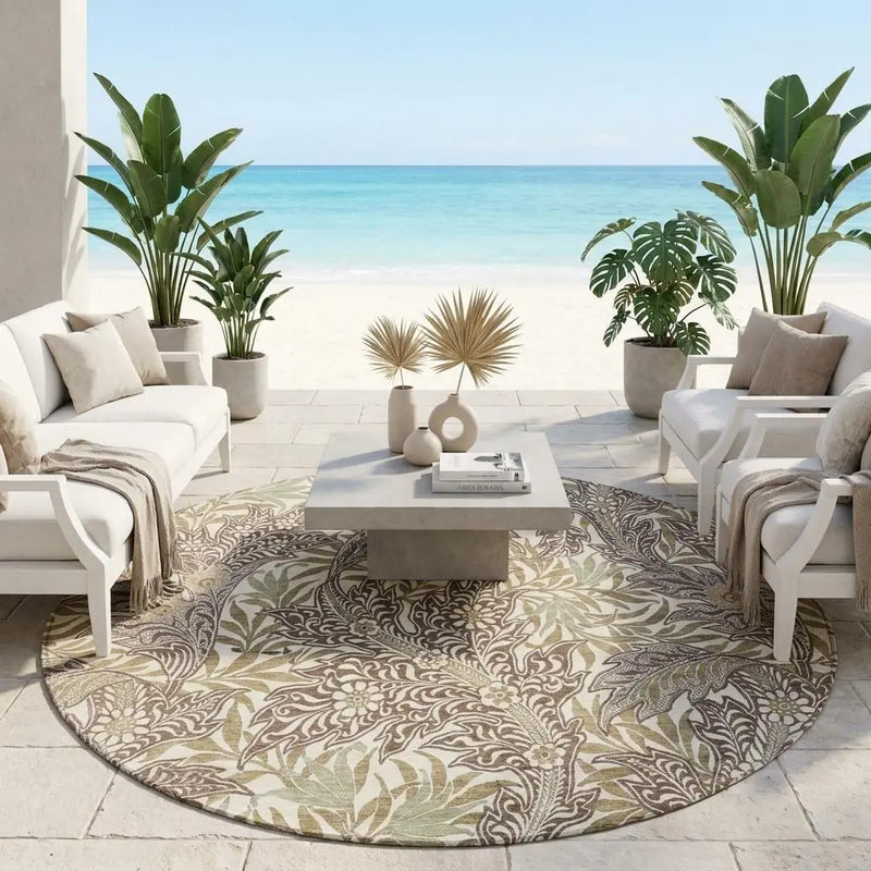 8' Coffee And Brown Round Botanical Leaves Washable Indoor Outdoor Area Rug Homeroots Outdoor