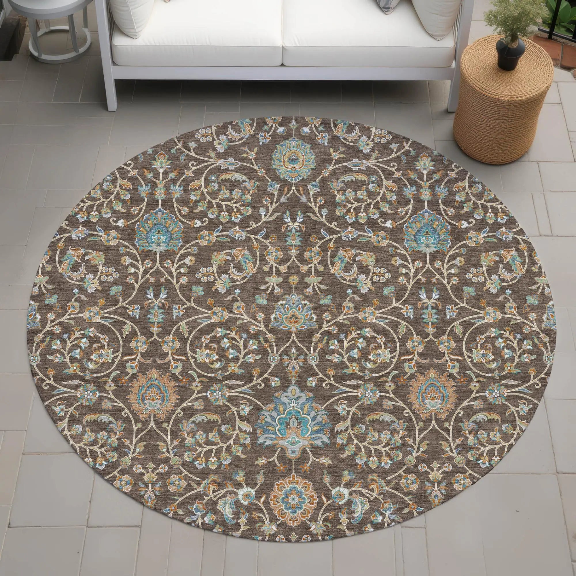 8' Coffee And Brown Round Floral Washable Indoor Outdoor Area Rug Homeroots Outdoor