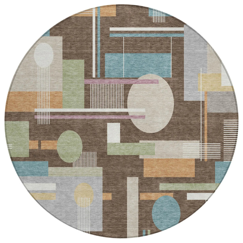 8' Coffee And Brown Round Geometric Washable Indoor Outdoor Area Rug Homeroots Outdoor