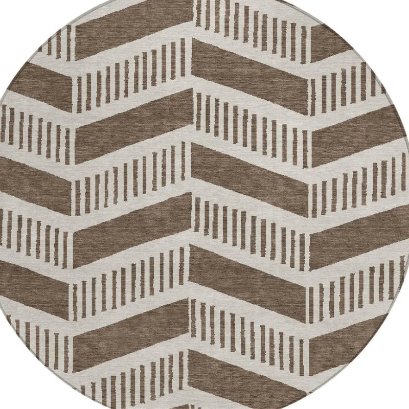 8' Coffee And Brown Round Geometric Washable Indoor Outdoor Area Rug Homeroots Outdoor