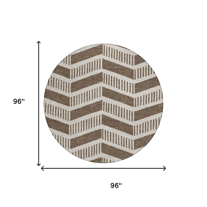 8' Coffee And Brown Round Geometric Washable Indoor Outdoor Area Rug Homeroots Outdoor
