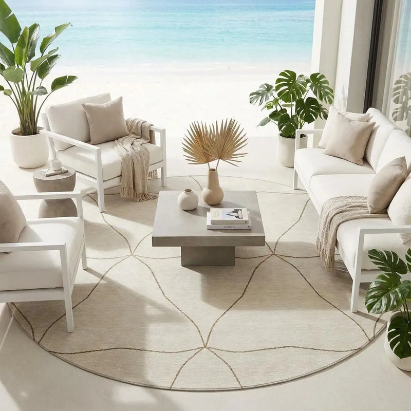 8' Coffee And Brown Round Geometric Washable Indoor Outdoor Area Rug Homeroots Outdoor