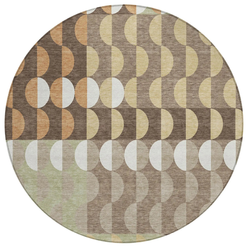 8' Coffee And Brown Round Geometric Washable Indoor Outdoor Area Rug Homeroots Outdoor