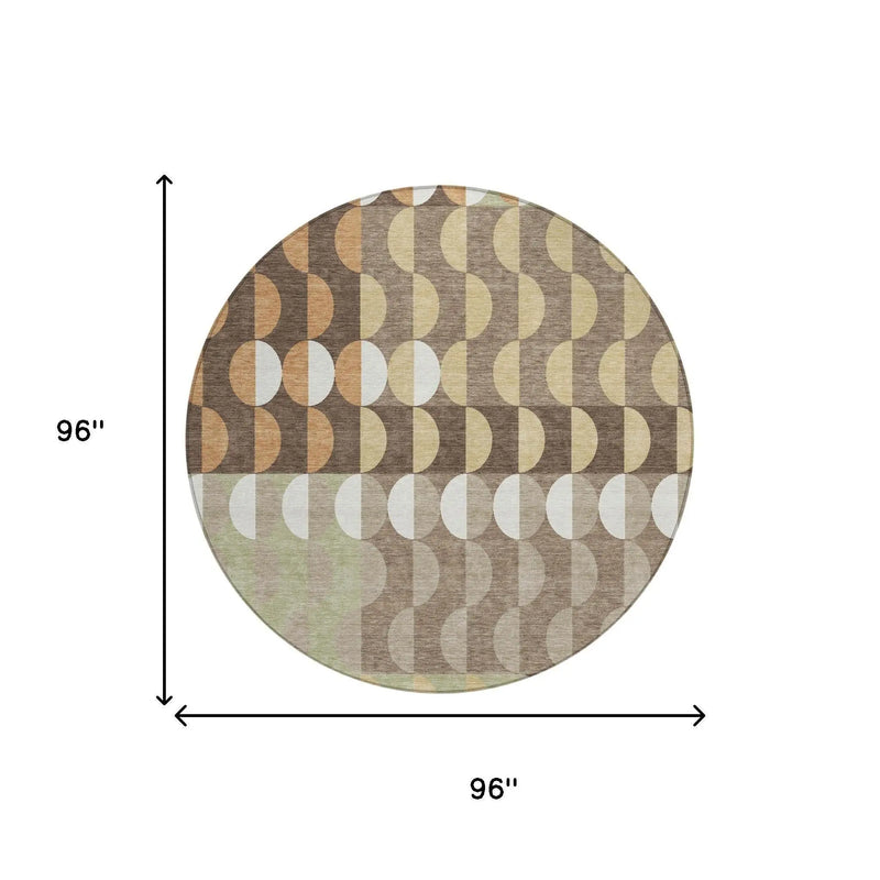 8' Coffee And Brown Round Geometric Washable Indoor Outdoor Area Rug Homeroots Outdoor